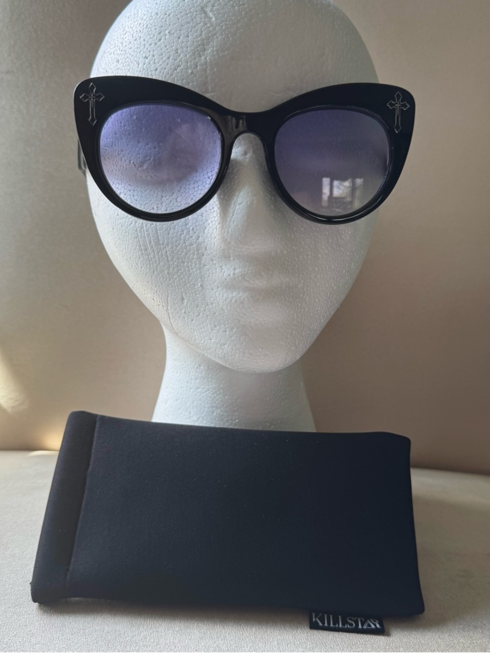 Killstar Black Cat-Eye Sunglasses with Purple Lenses and Goth Crosses at temples